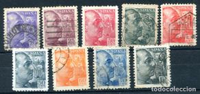 Sellos: Edifil 867 al 875. 9 sellos diferentes de Franco con pie de imprenta. Matasellados. Ver descripción